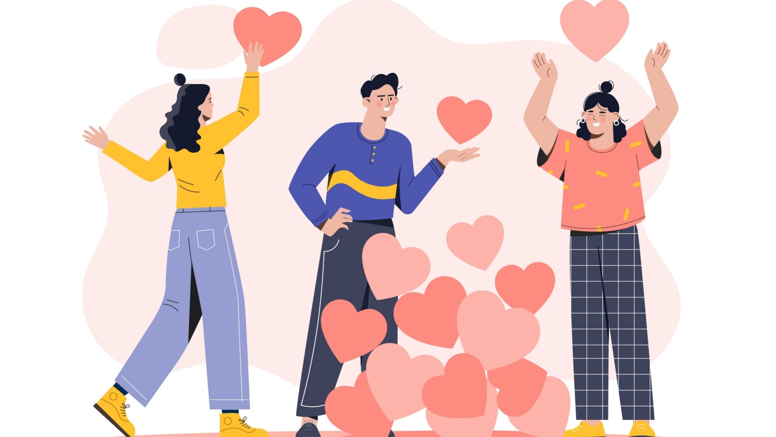 A graphic showing three people sharing a pile of hearts, to represent how to spread kindness.