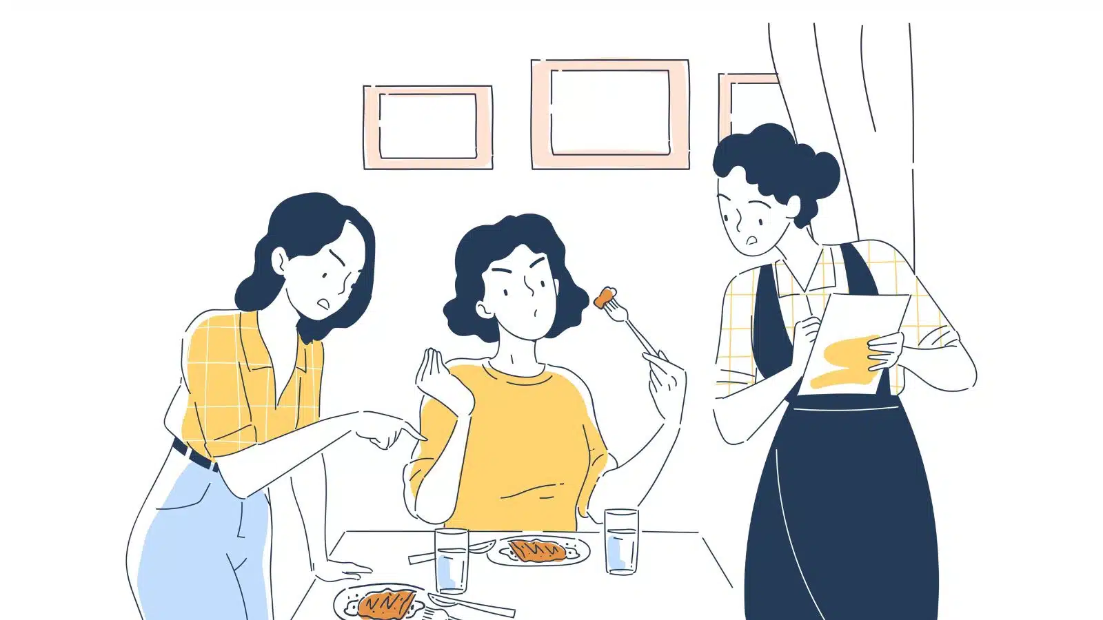Illustration of a waitress trying to handle angry guests at a restaurant.