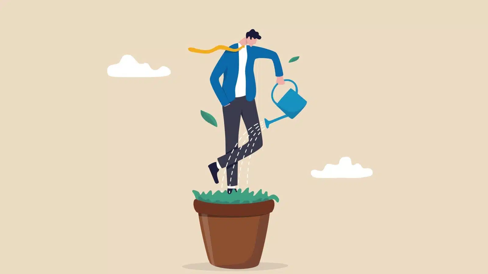 What is self-improvement? Illustration shows a man standing as a plant in a pot, watering himself.