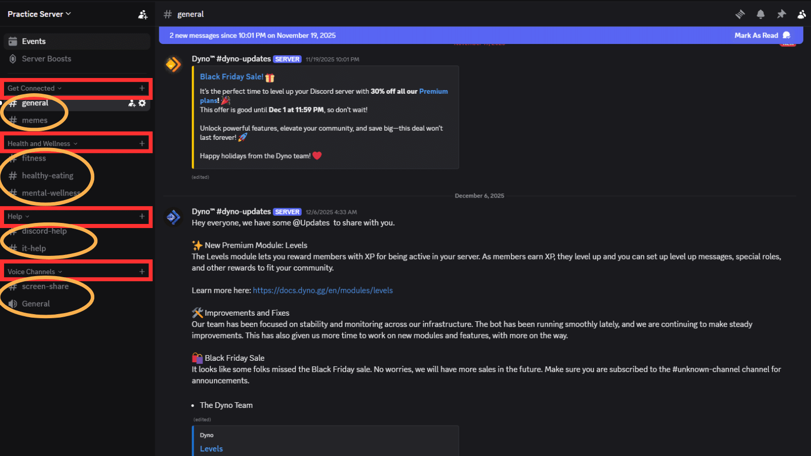 A screenshot of a Discord server. The categories are surrounded by a red square, while the channels under the categories are circled in orange. 