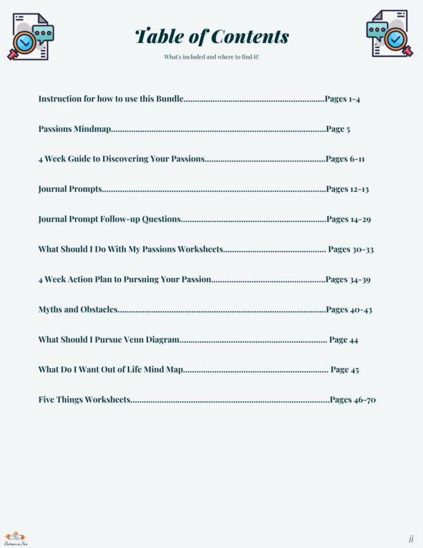Photo of the table of contents of our workbook that helps you discover your passion.