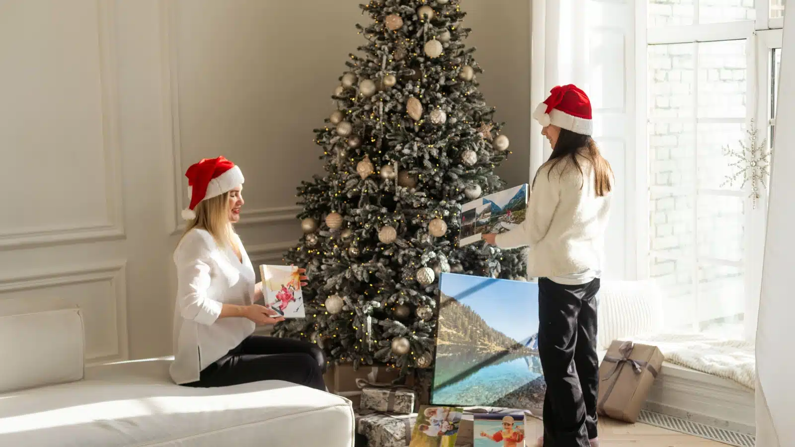 Art works under a Christmas tree.