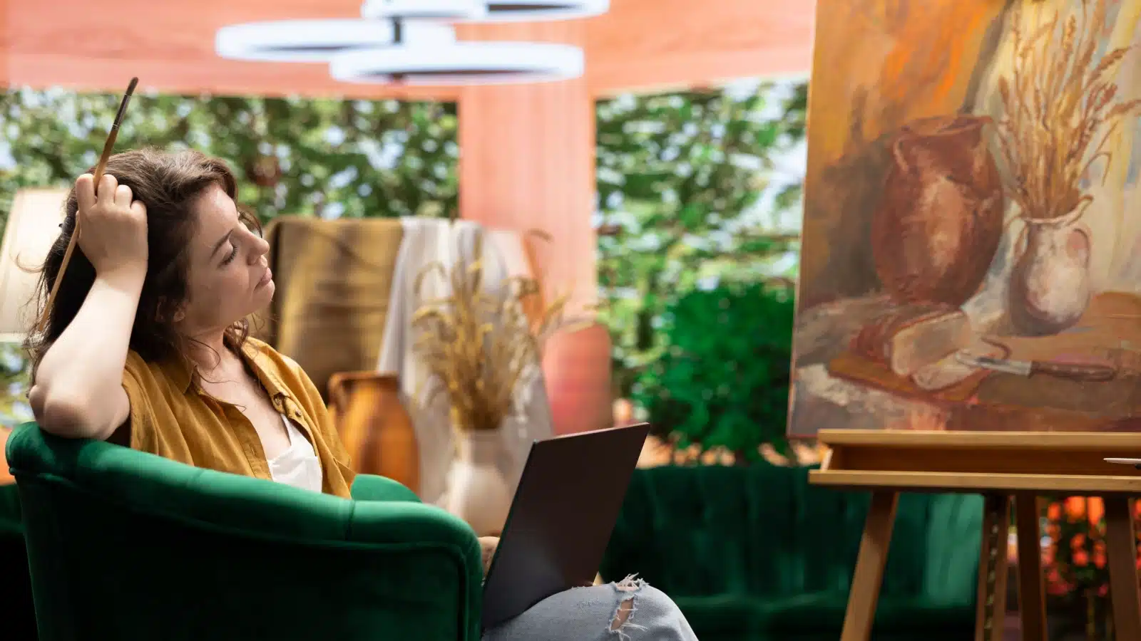 An artist paints a still life scene set up behind her to represent still life painting techniques.