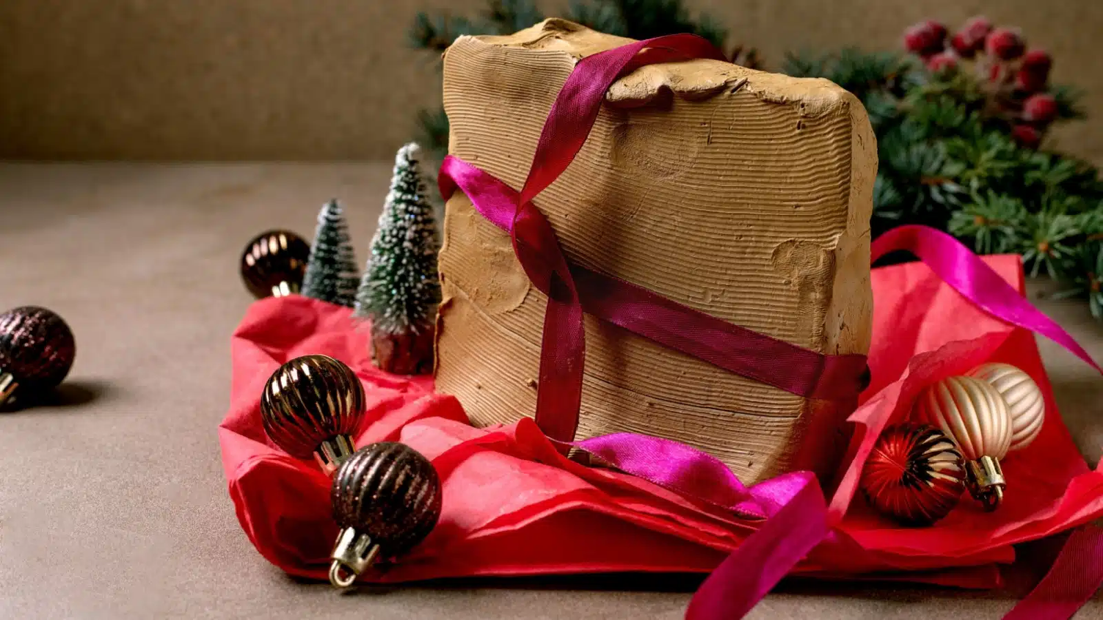 A block of clay wrapped as a Christmas present, a perfect gift for a potter!