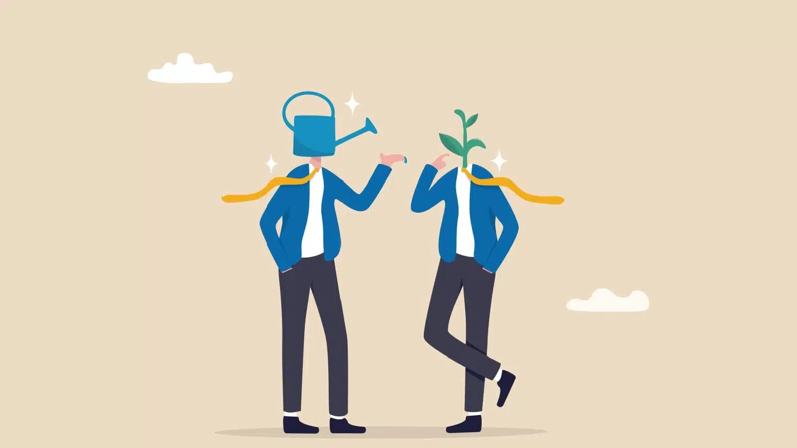 An illustration representing how coaching and mentoring can help. The coach's head is a watering can, while the client's head is a growing plant.