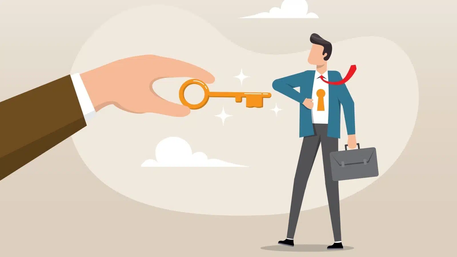 An illustration representing how to discover your potential. A giant hand uses a key to unlock the potential inside someone's heart.