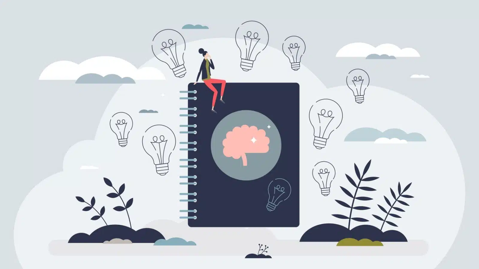 An illustration of a woman sitting on top of a journal, surrounded by little light bulbs, to represent journal ideas.