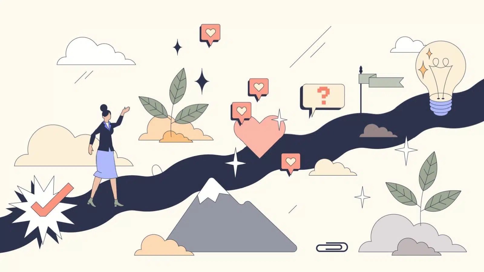 Illustration representing a journey of self discovery. A woman walks on a path love, obstacles, travel, and mountains to find the answer at the end.