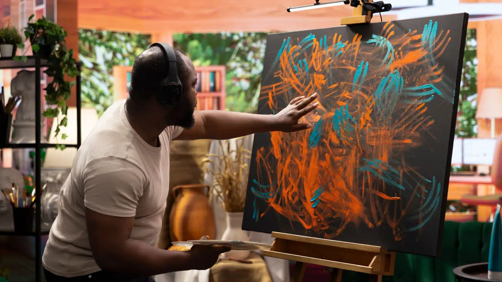 An artist creating a work of abstract expressionism.