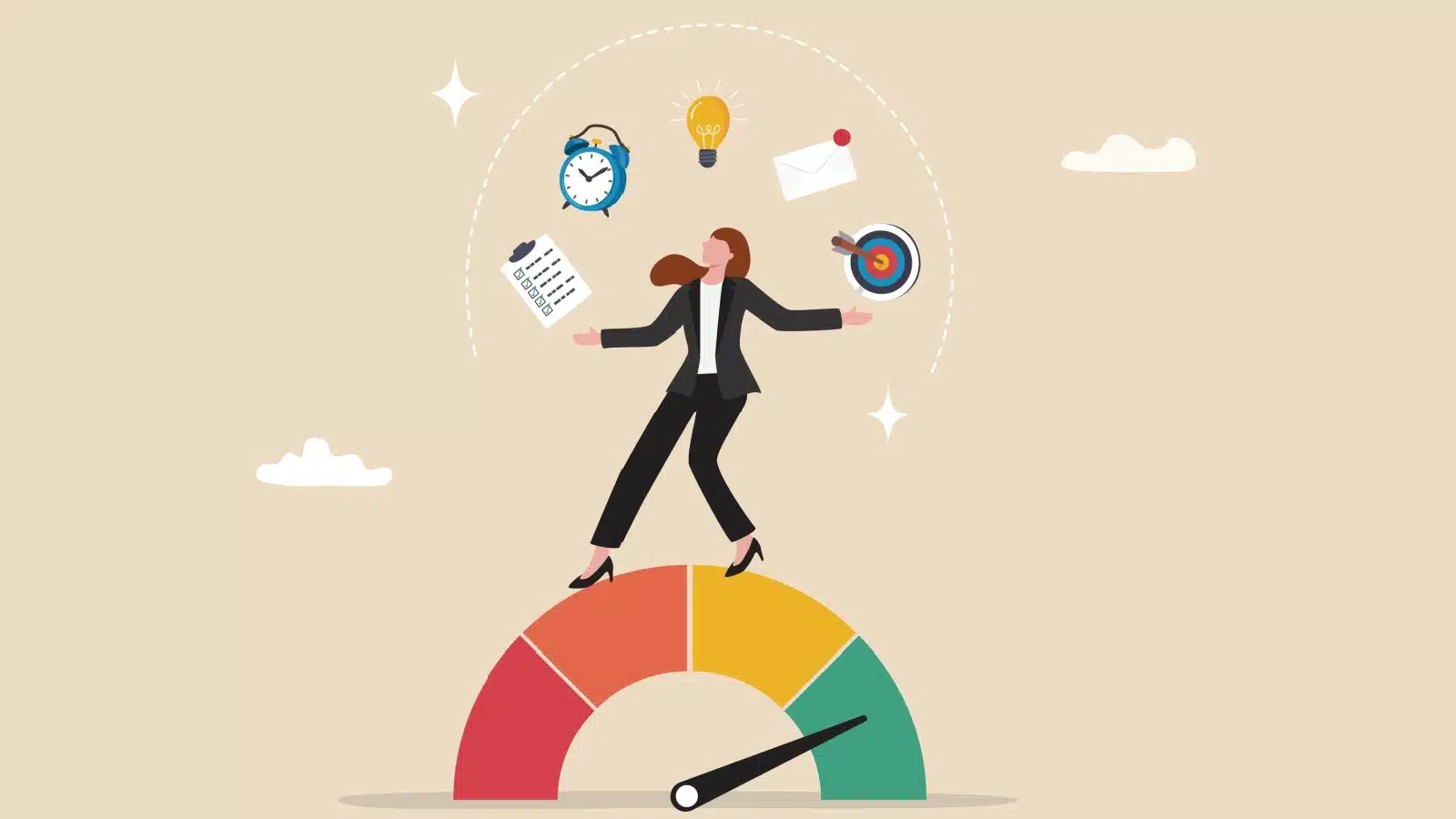Illustration of a woman juggling multiple tasks to maintain productivity. She's multitasking, but is it helping?
