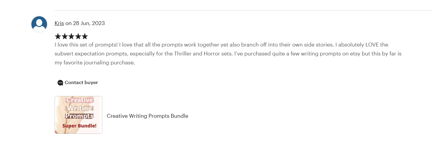 Screenshot showing a review of our Creative Writing Prompts from Etsy. 