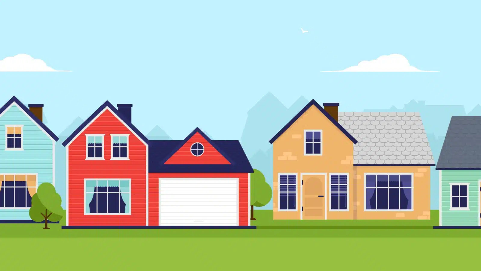 An illustration of colorful houses to represent the benefits of living in a small town.