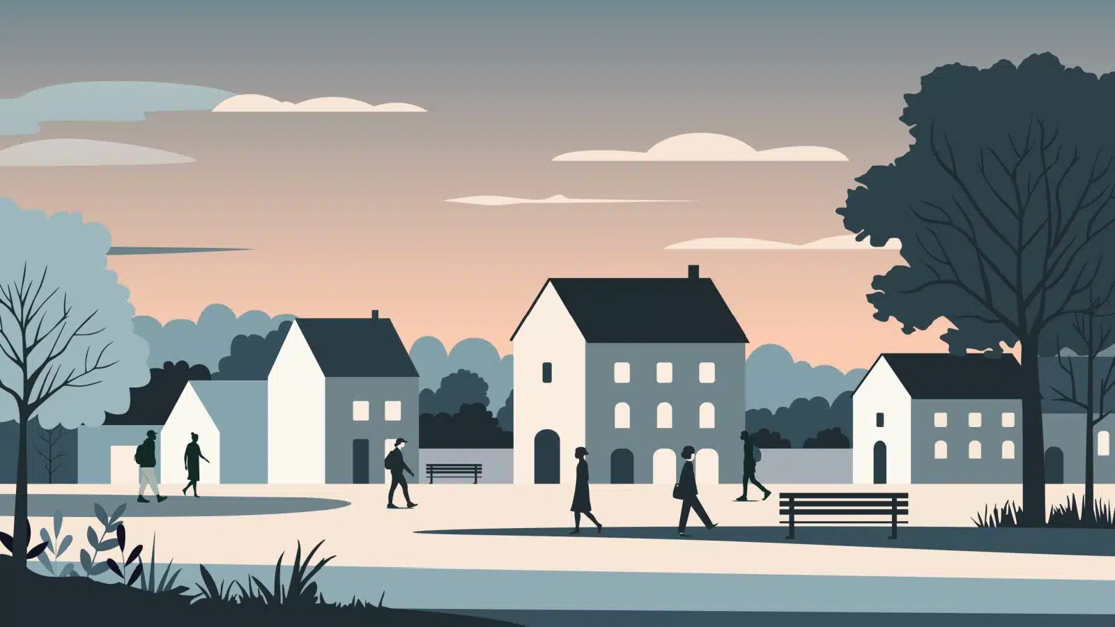 Artist representation of a small town scene in the evening.