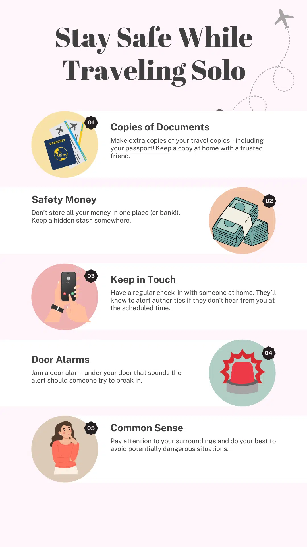 Infographic showcasing tips for staying safe while traveling solo. 