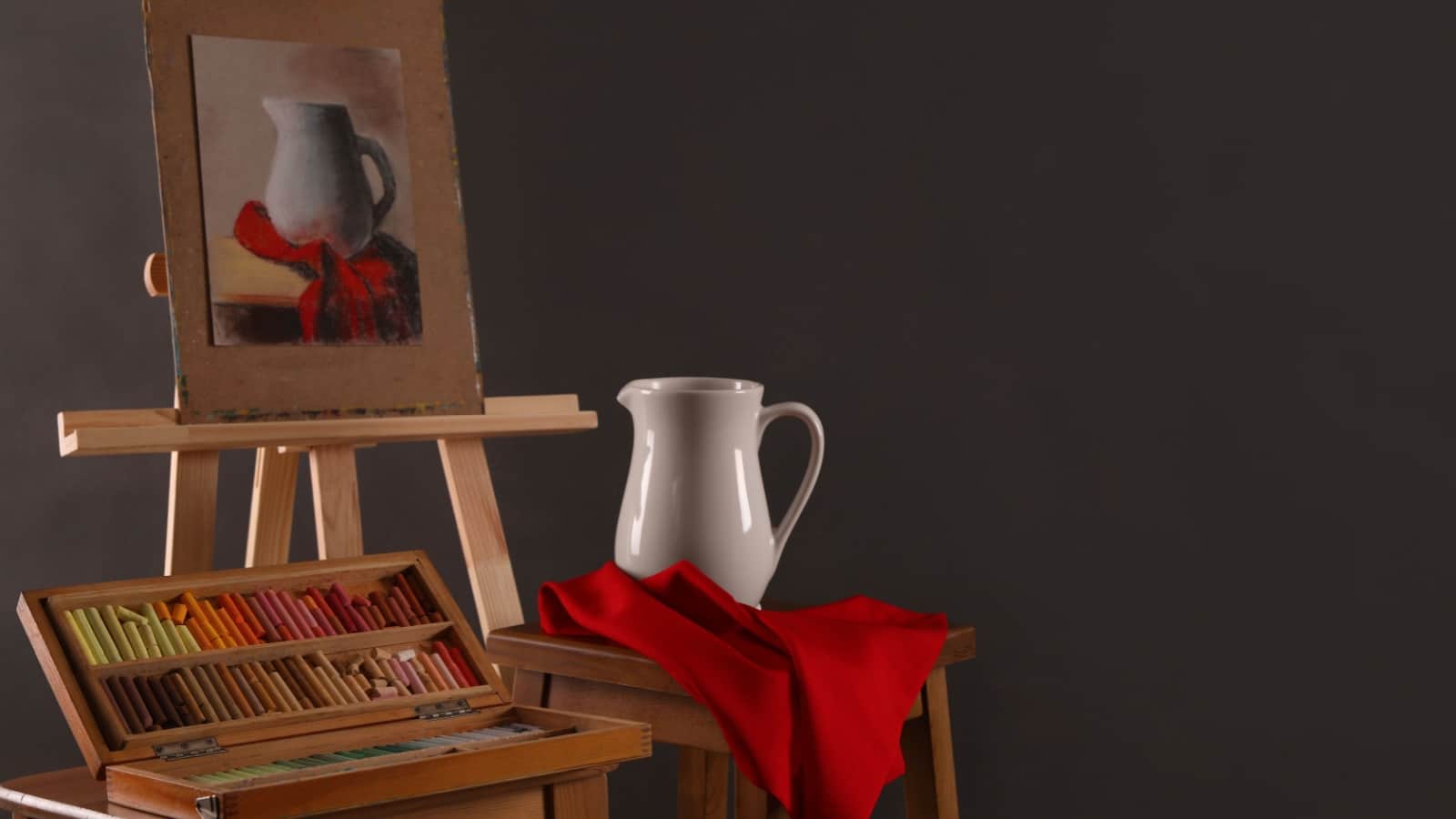 A still life set up next to the completed work using pastels rather than paint. 