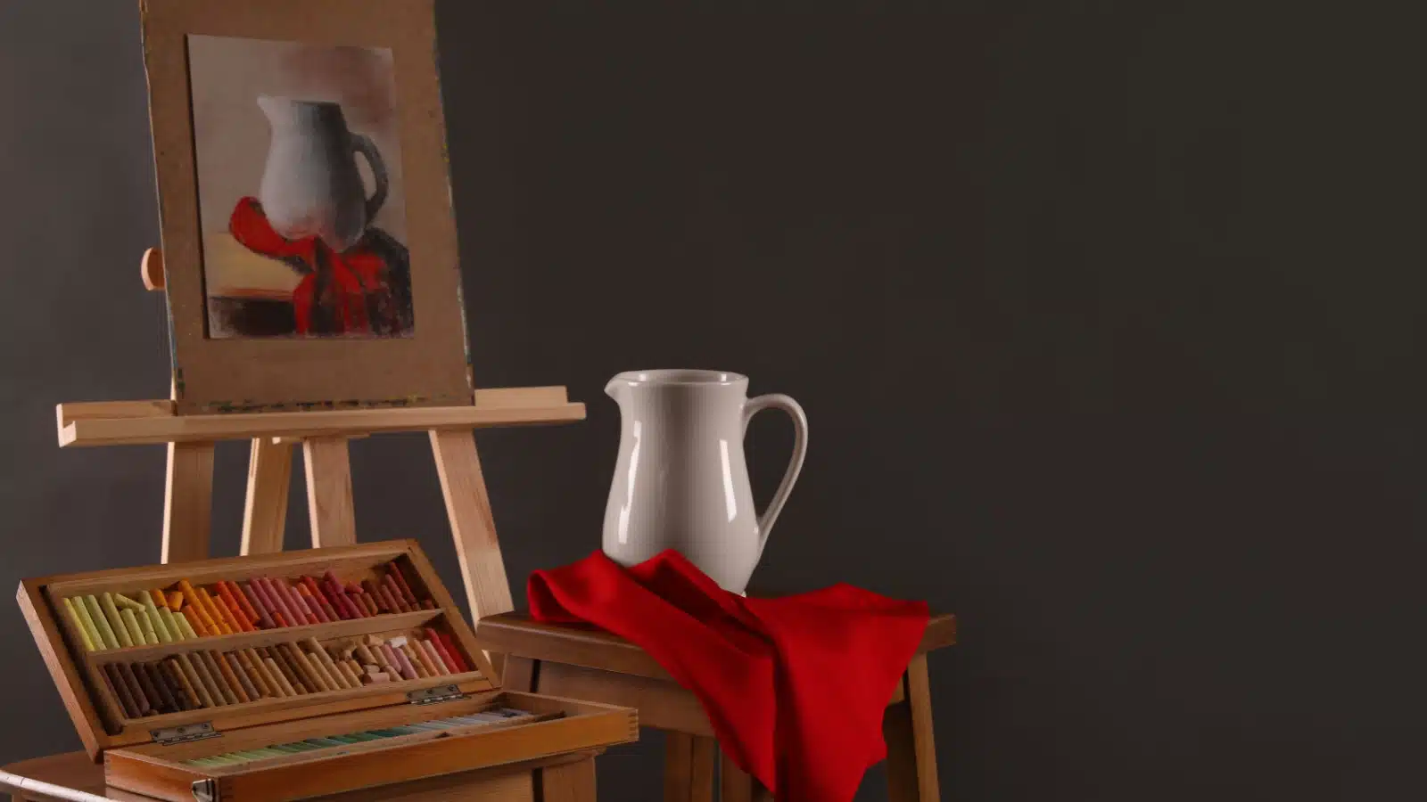 A still life set up next to the completed work using pastels rather than paint.