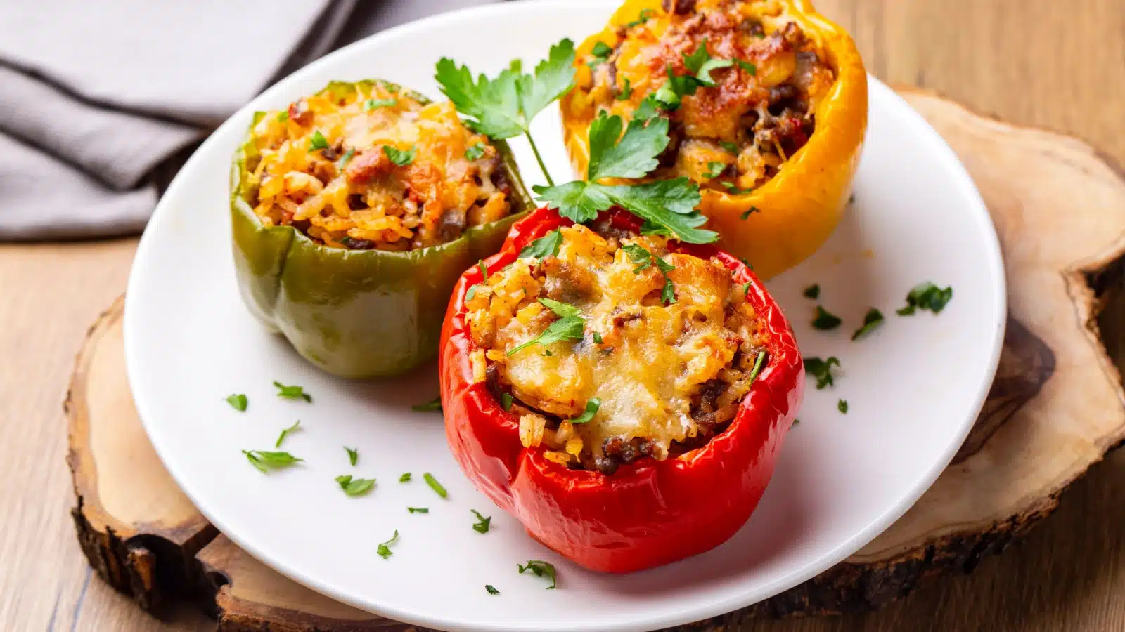 Three stuffed peppers on a plate.
