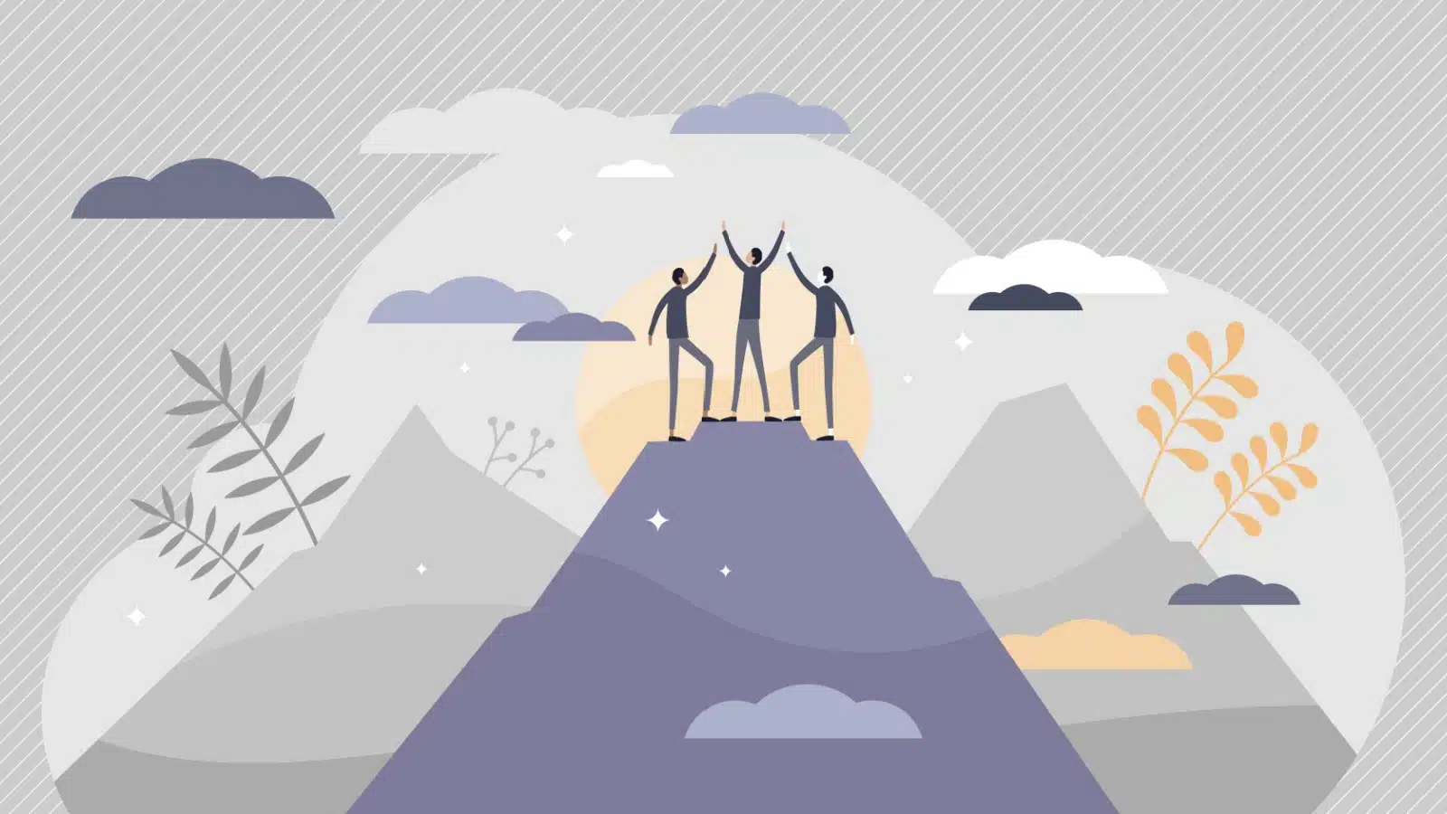 Illustration of three friends finding fulfillment atop a mountain.