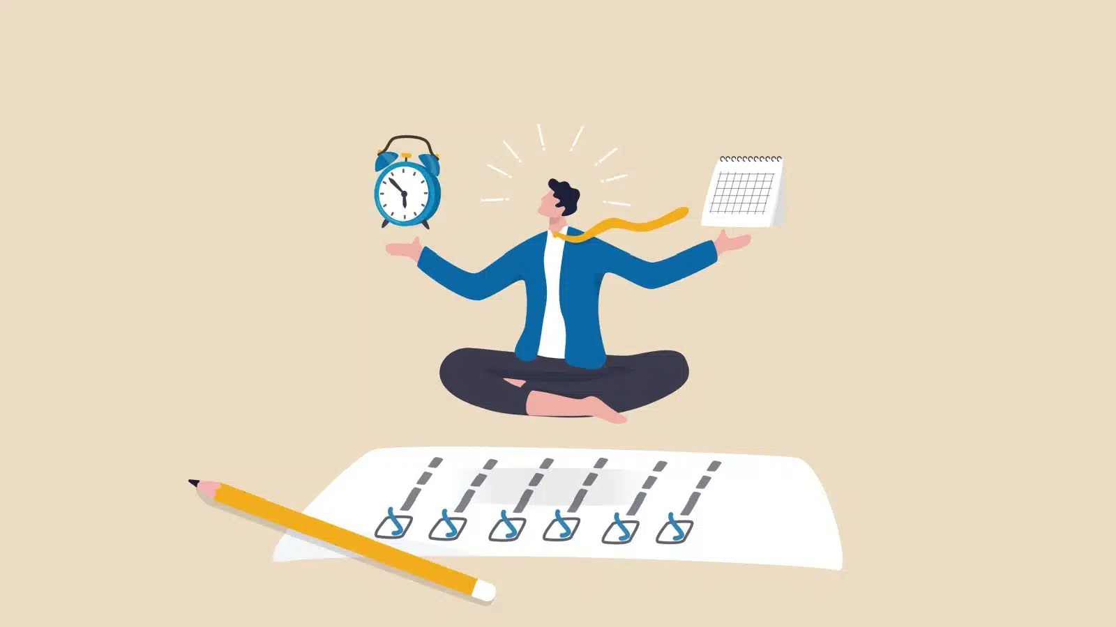 An illustration representing time management tools. A man sits next to a massive to-do list holding a clock in one hand and a planning calendar in the other. 