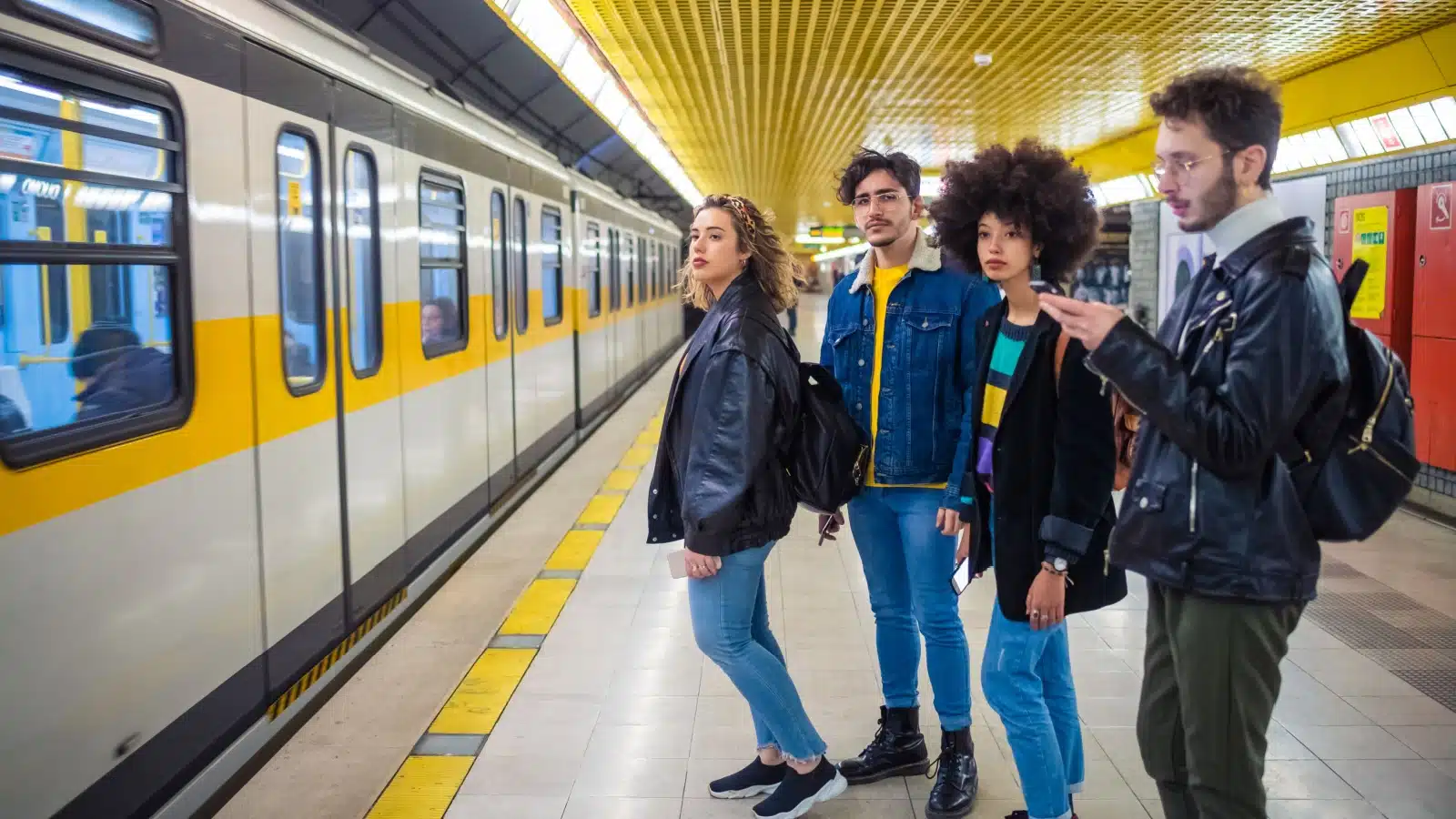 A group of young people waits for a train at a subway stop.