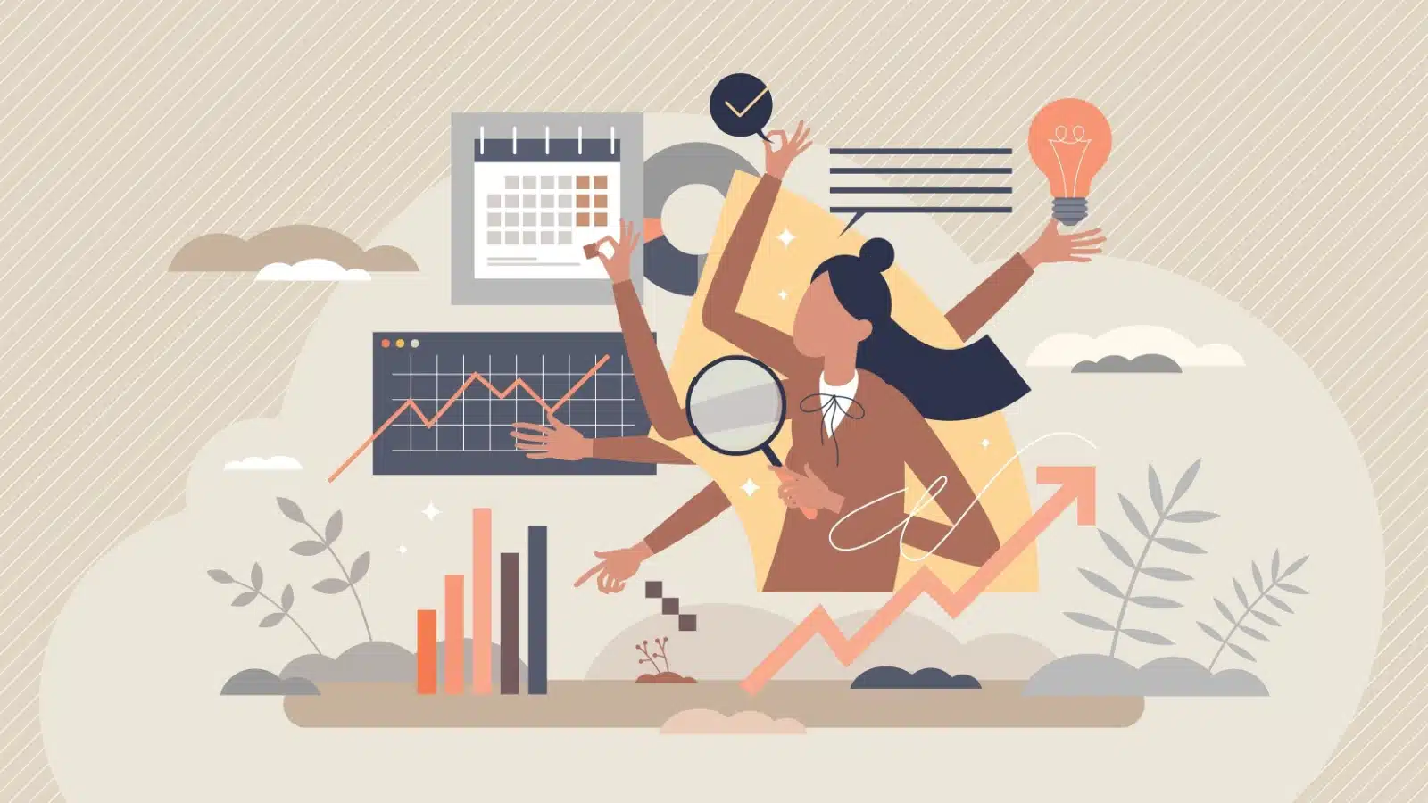 Illustration showcasing a project manager effectively managing her time and getting her work done.