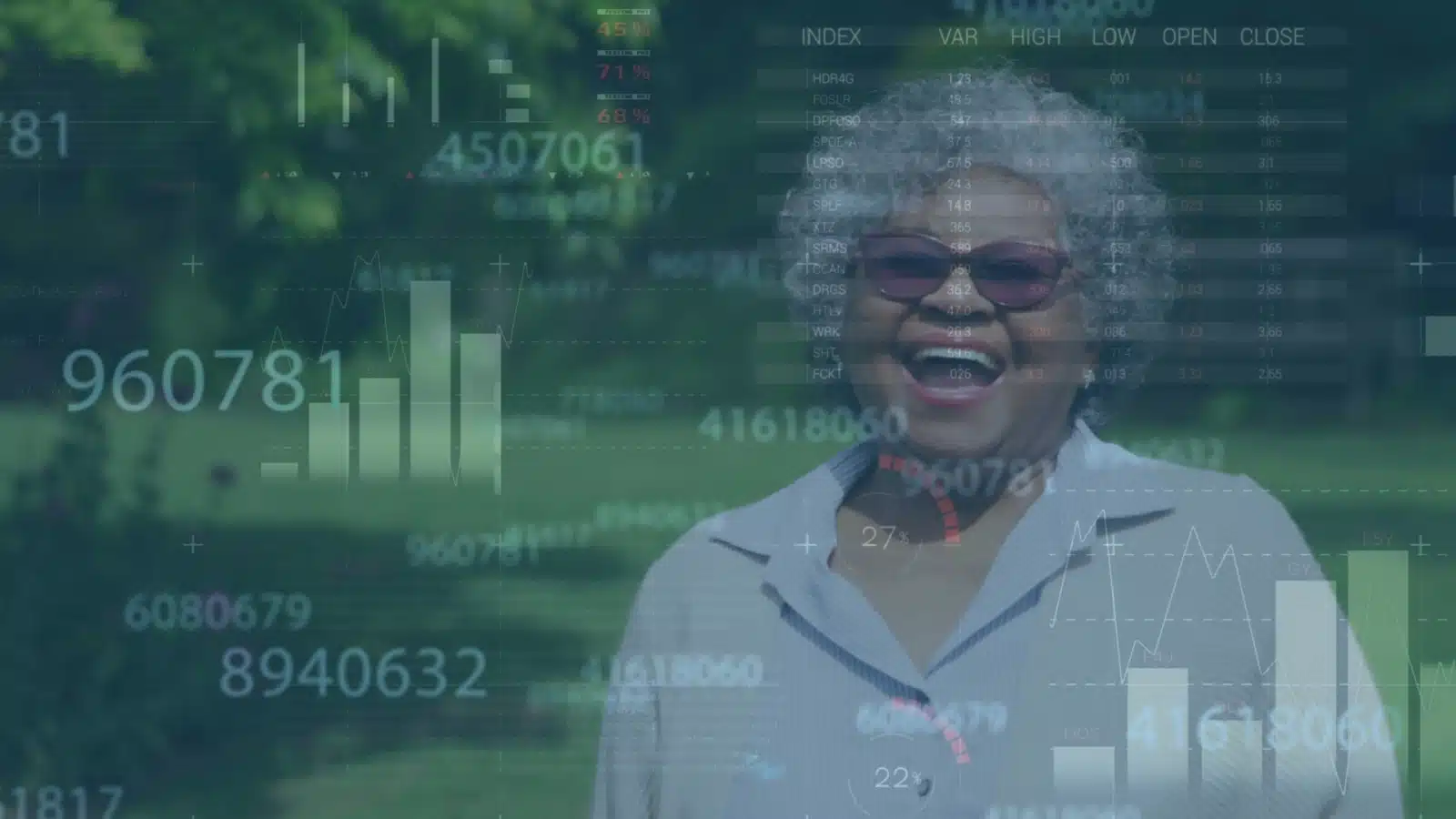 Image of a happy senior woman overlayed with a stock chart that shows different 6-figure numbers to represent your Coast FIRE number.