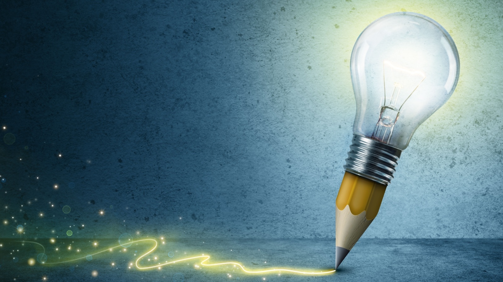 Concept art represents creative writing prompts. A pencil with  a light bulb attached where the eraser should be scribbles gold across a page. 