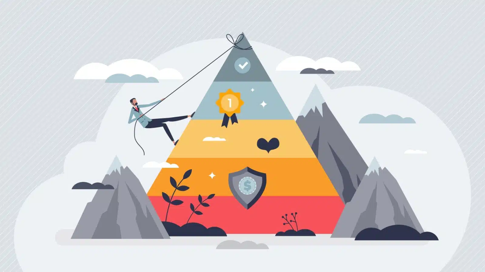 Illustration of a man scaling Maslow's pyramid to reach the top layer, Self Actualization.