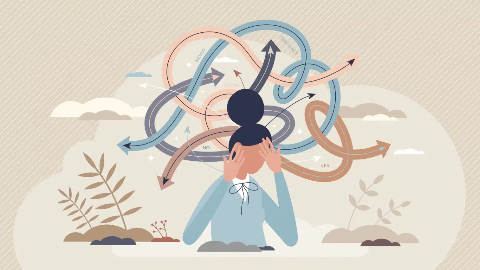 Illustration representing anxiety. A woman puts her head down due to all the different paths in her head. She's unsure what to do, which causes anxiety.