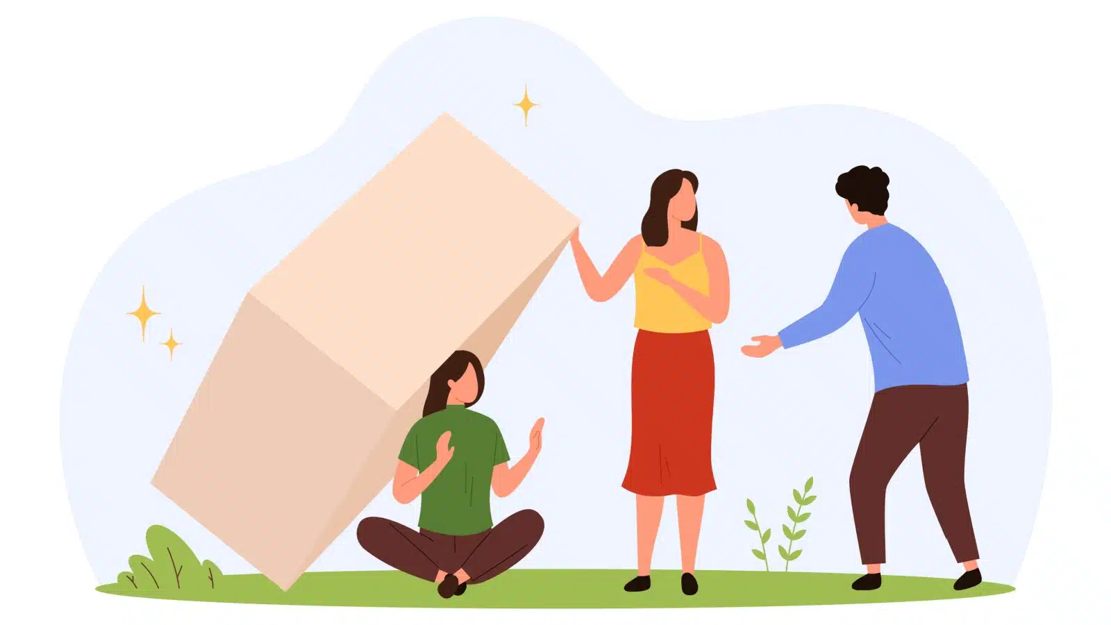 Illustration representing avoidance as a stress response. A woman tries to hide in a box while her friends try to help her out.