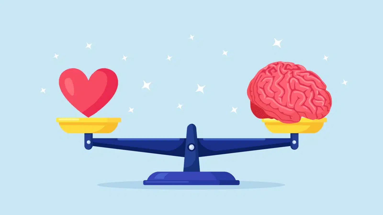 Illustration of a balancing beam with a heart and brain perfectly equal.
