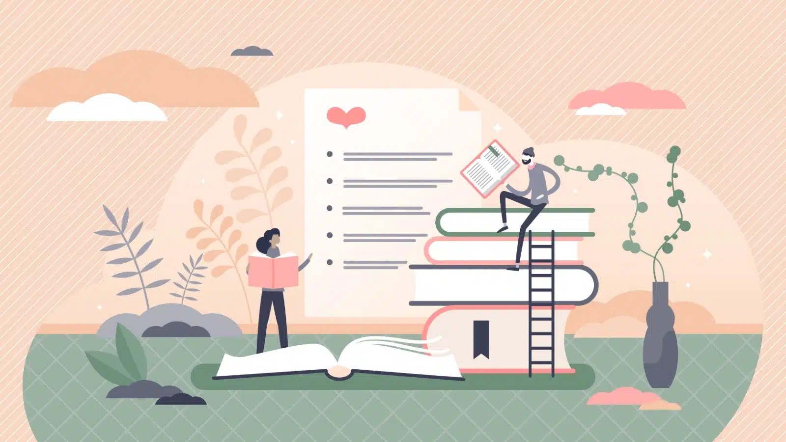 Illustration showcasing people reading, writing, and taking notes about giant books to represent all things literature.