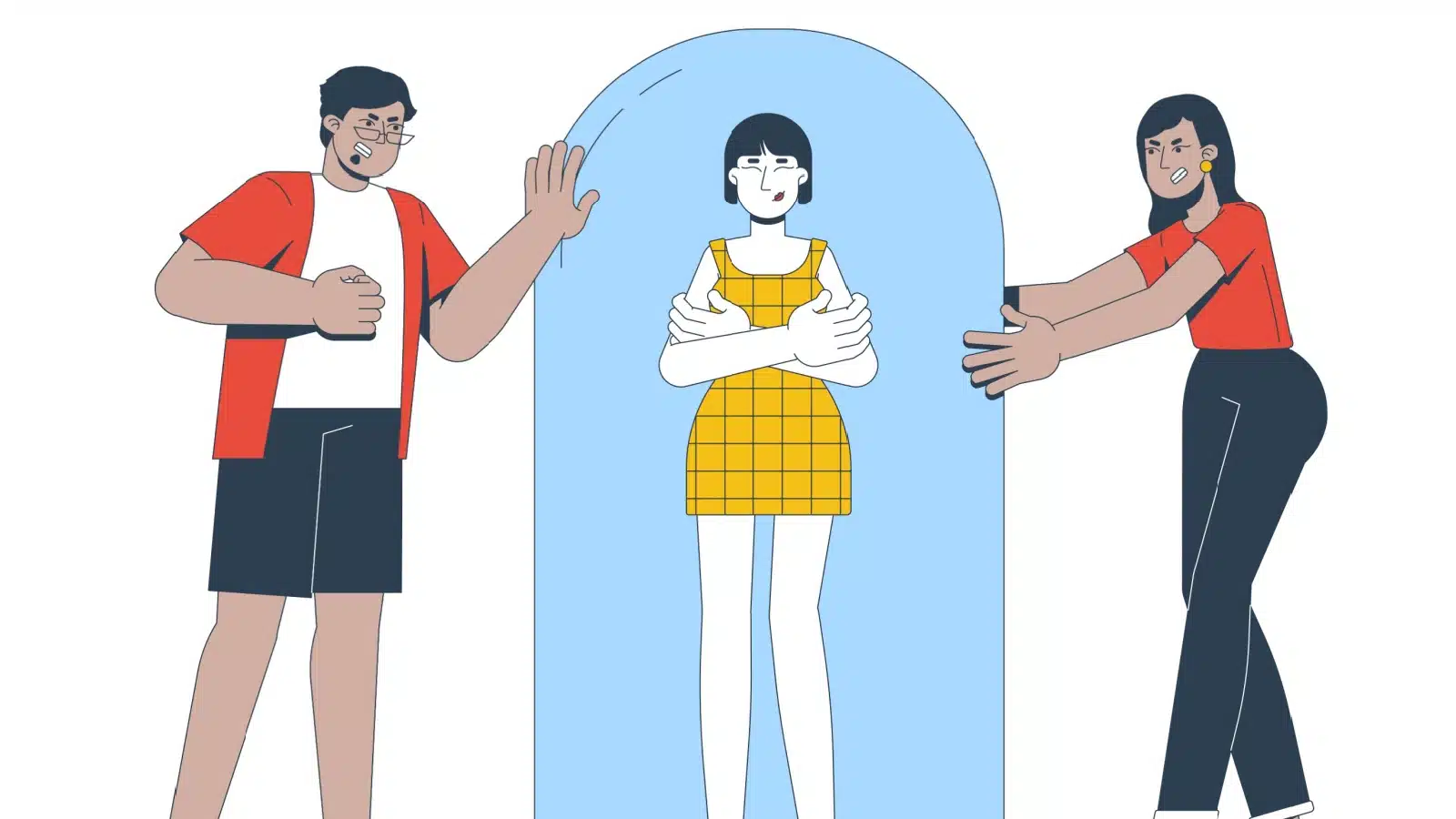 Illustration of two people attempting to break through a third person's boundaries.