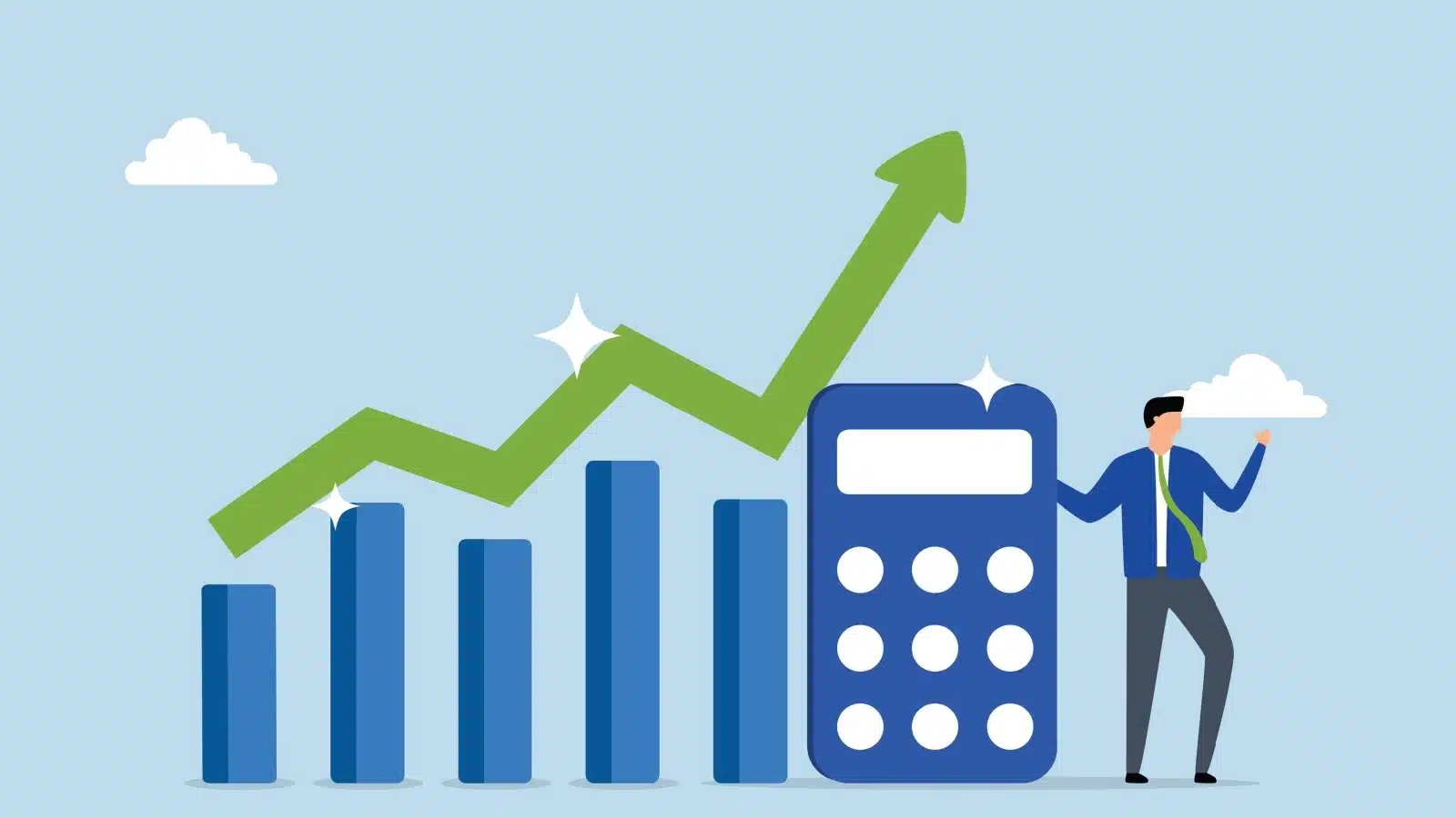 An illustration representing calculating investment growth. A man stands next to a big calculator which is next to an investment growth chart.