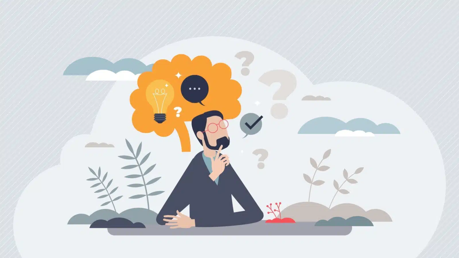 Graphic of a cartoon man thinking critically about a problem.