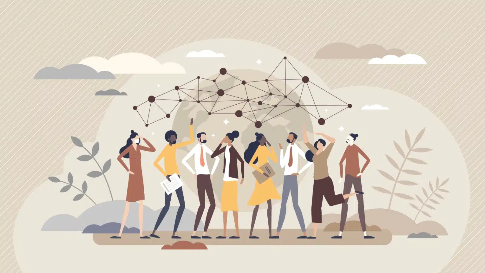 Illustration highlighting how culture defines behavior. A group of people who look similar are connected with a network above them, with the Earth subdued in the background.