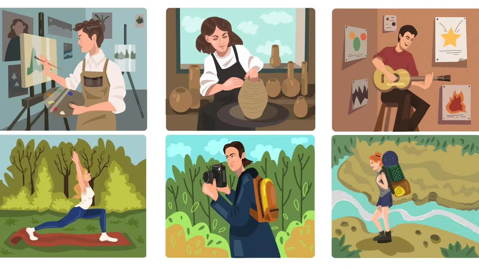 Six colorful illustrations of people trying different things like painting, hiking, and playing music.