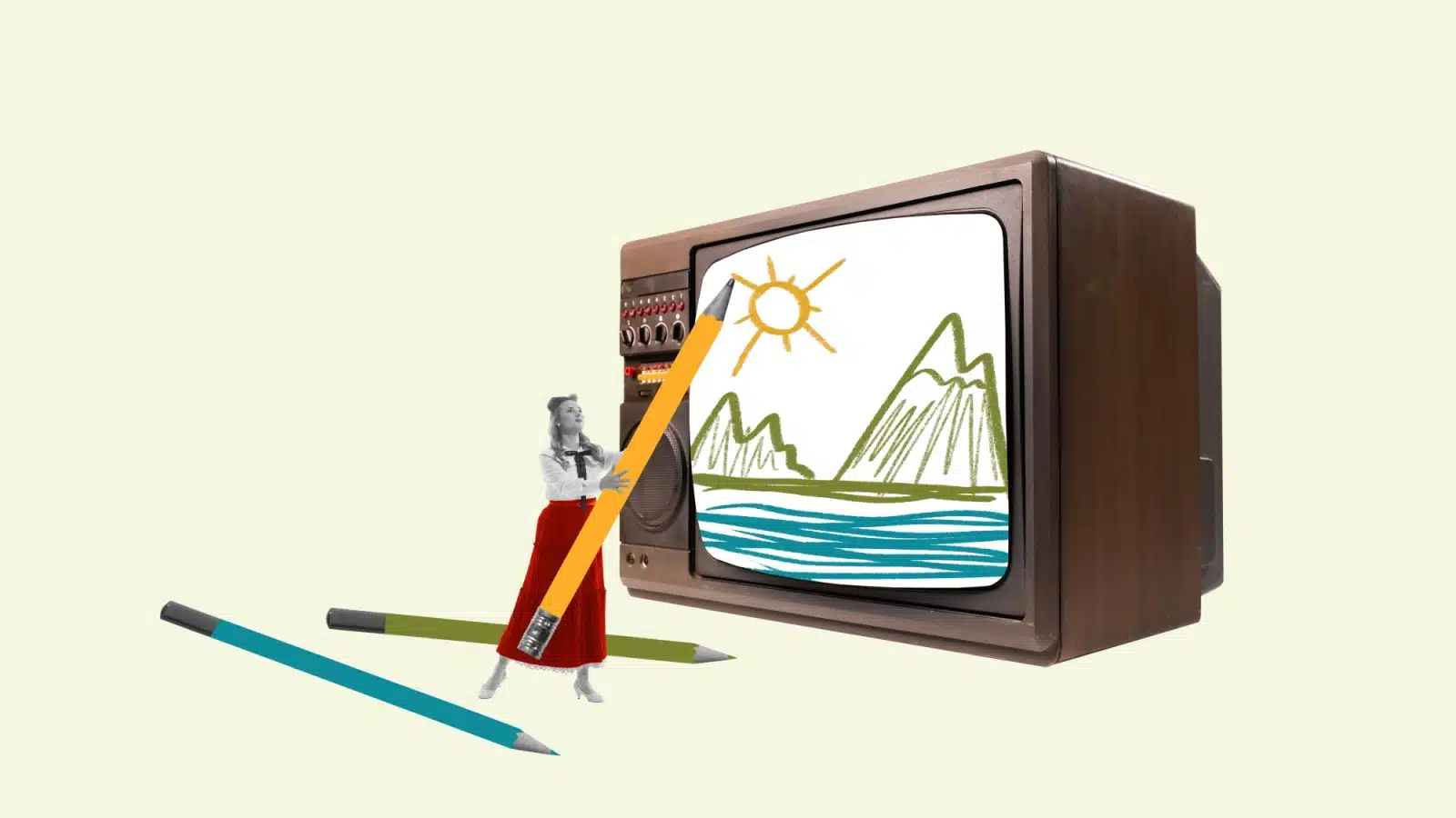 Illustration of a woman drawing a scene on her television screen.