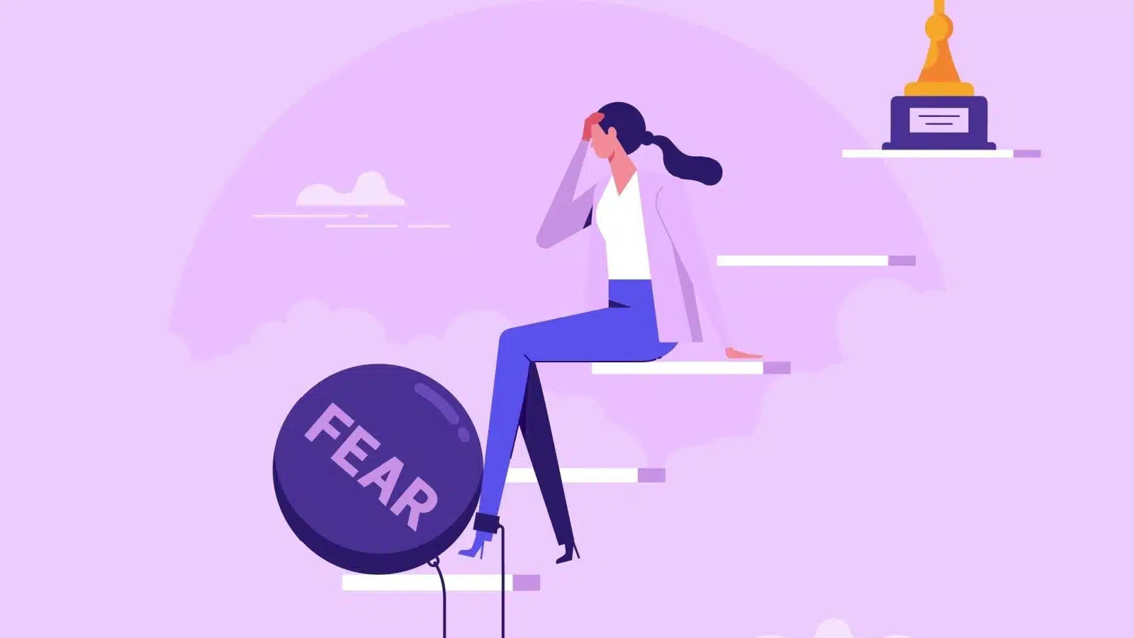 Illustration representing a fear of failure. A woman sits on steps, half way to her goal, with a giant ball and chain labelled "failure" attached to her ankle. 