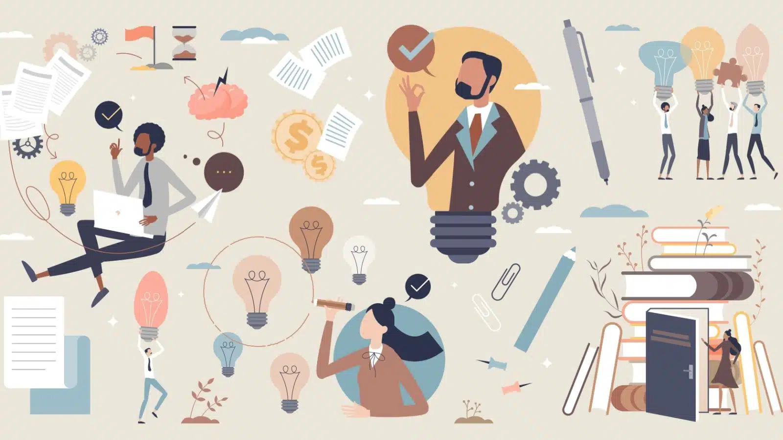 Graphic illustrating how to find your passion. Different people are exploring different paths and ideas.