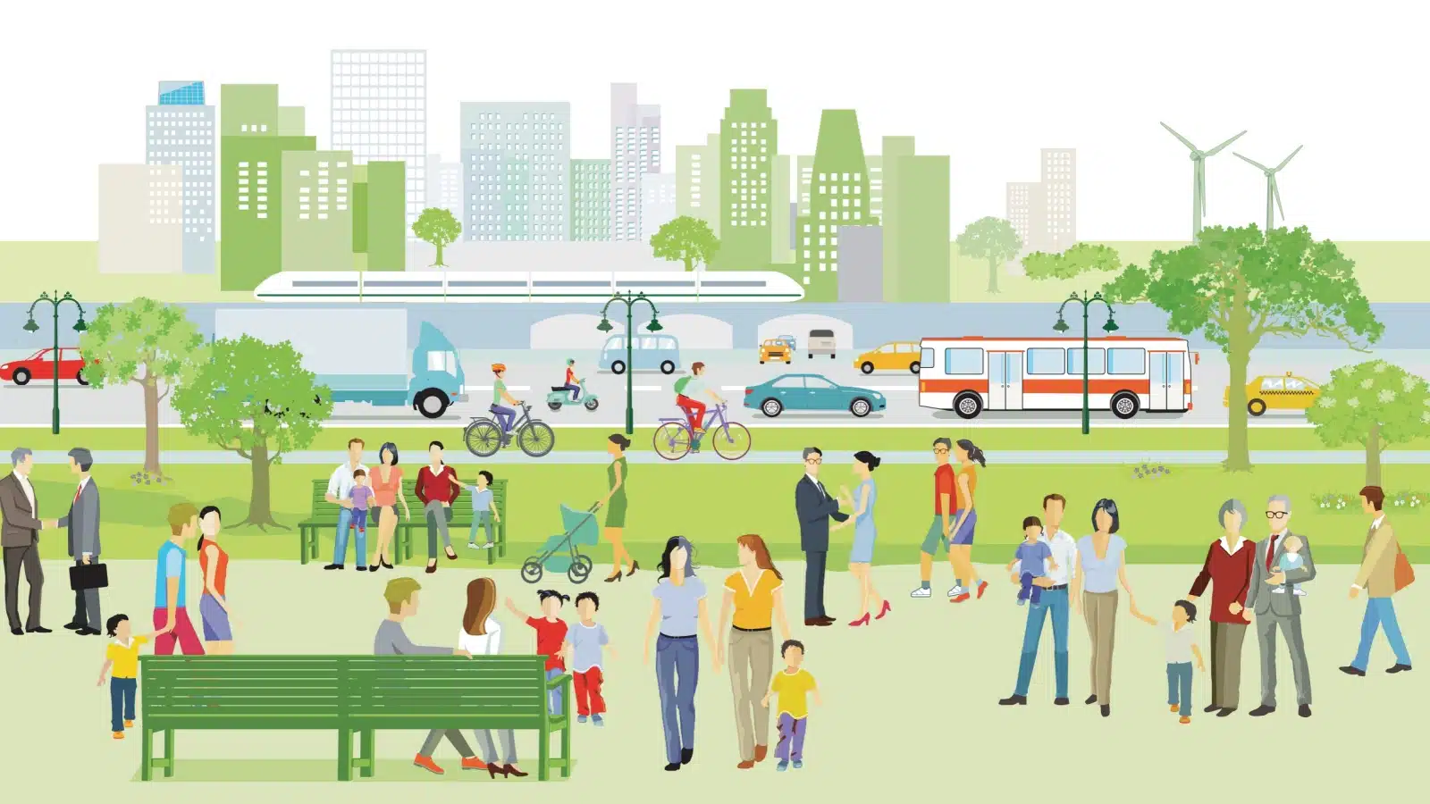 Illustration of a happy, healthy society. Happy people engage in a lush green park while cars drive by on the road, with a city landscape in the background.