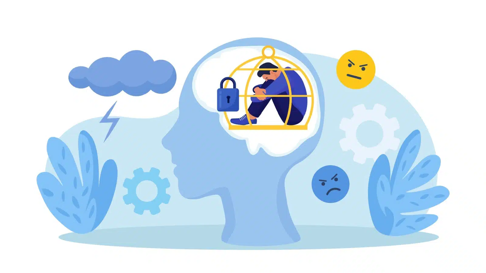 Illustration of a man locked inside a cage in his own head to highlight helplessness or a fixed mindset.