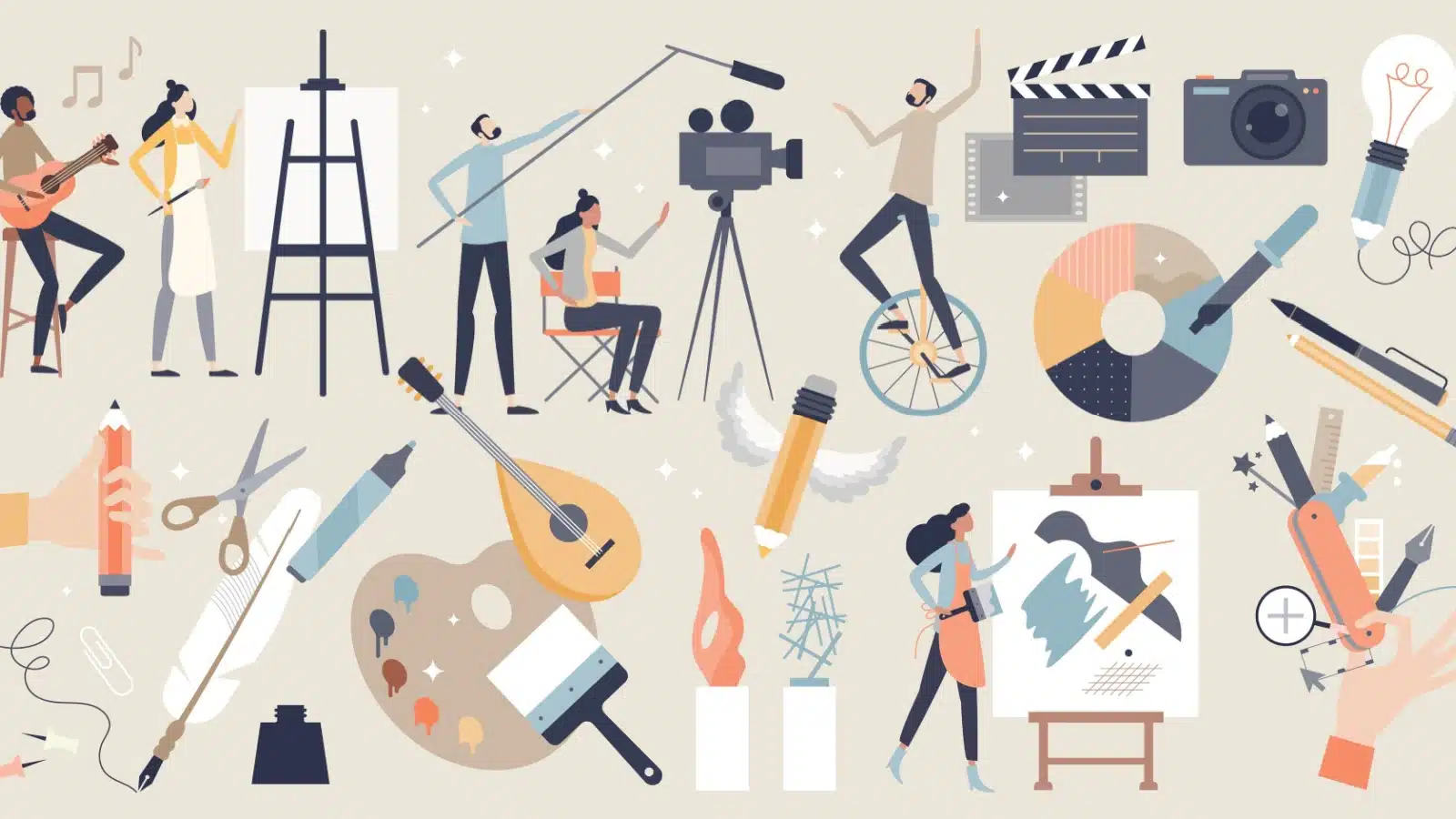 Graphic showing a variety of activities someone could be passionate about. Most of them are artistic hobby ideas.