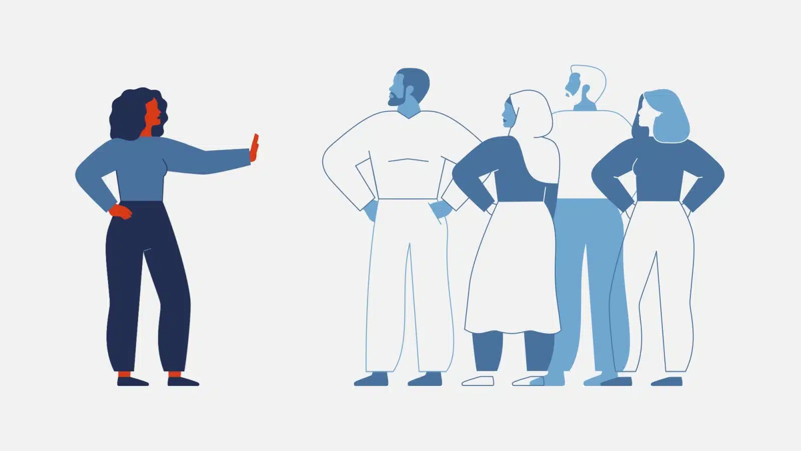 Illustration of a woman with her hand out, setting boundaries to protect her peace from coworkers.