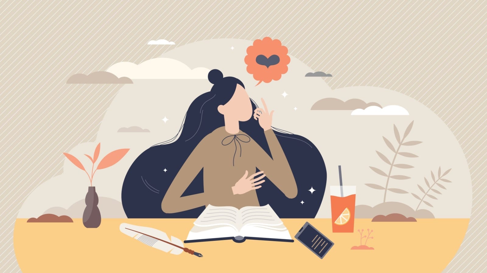 Illustration representing the Law of Attraction. A woman is thinking about her heart's desire with an open journal in front of her.