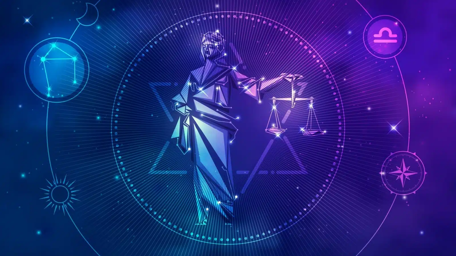 Purple illustration of the horoscope sign Libra with her justice scales to represent the laws of the universe.
