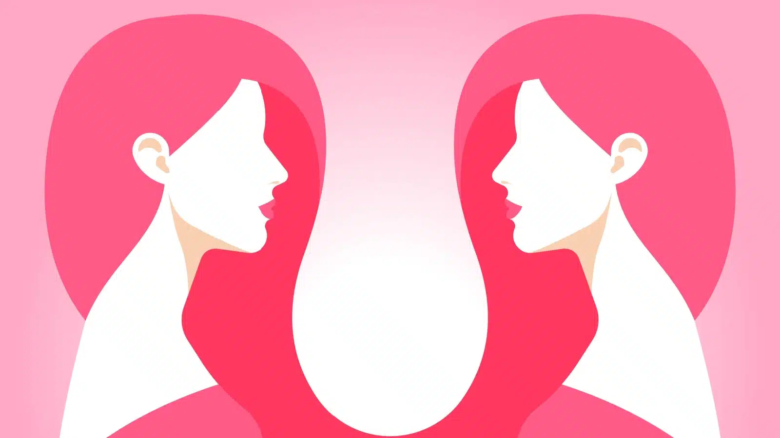 Bright pink illustration of twins looking at each other.