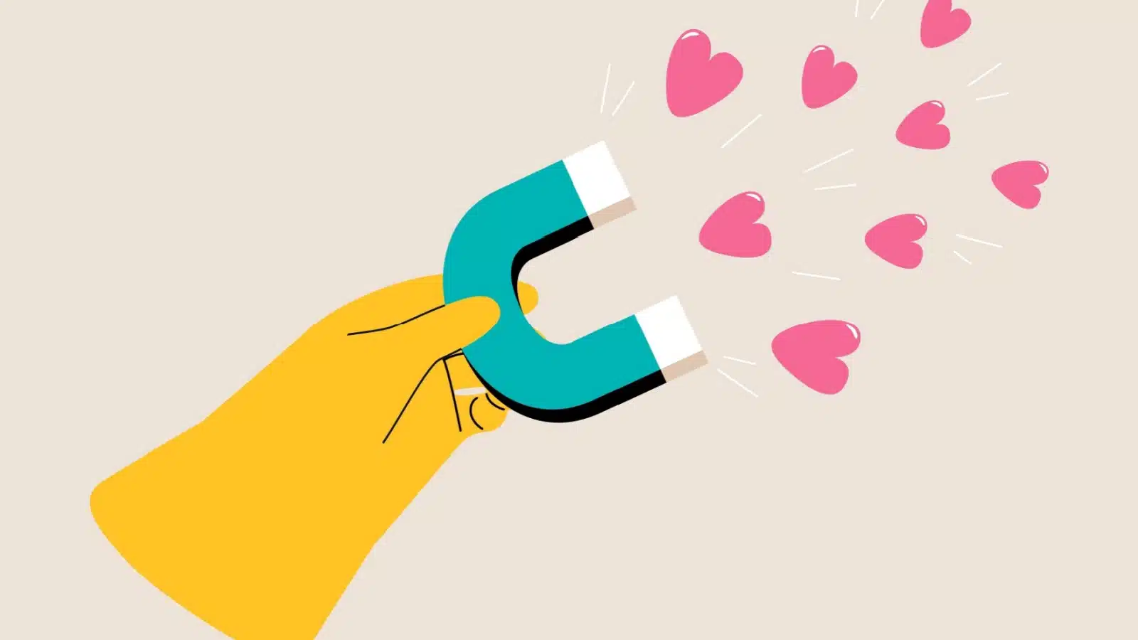 Colorful illustration of a hand holding a magnet which is attracting hearts.