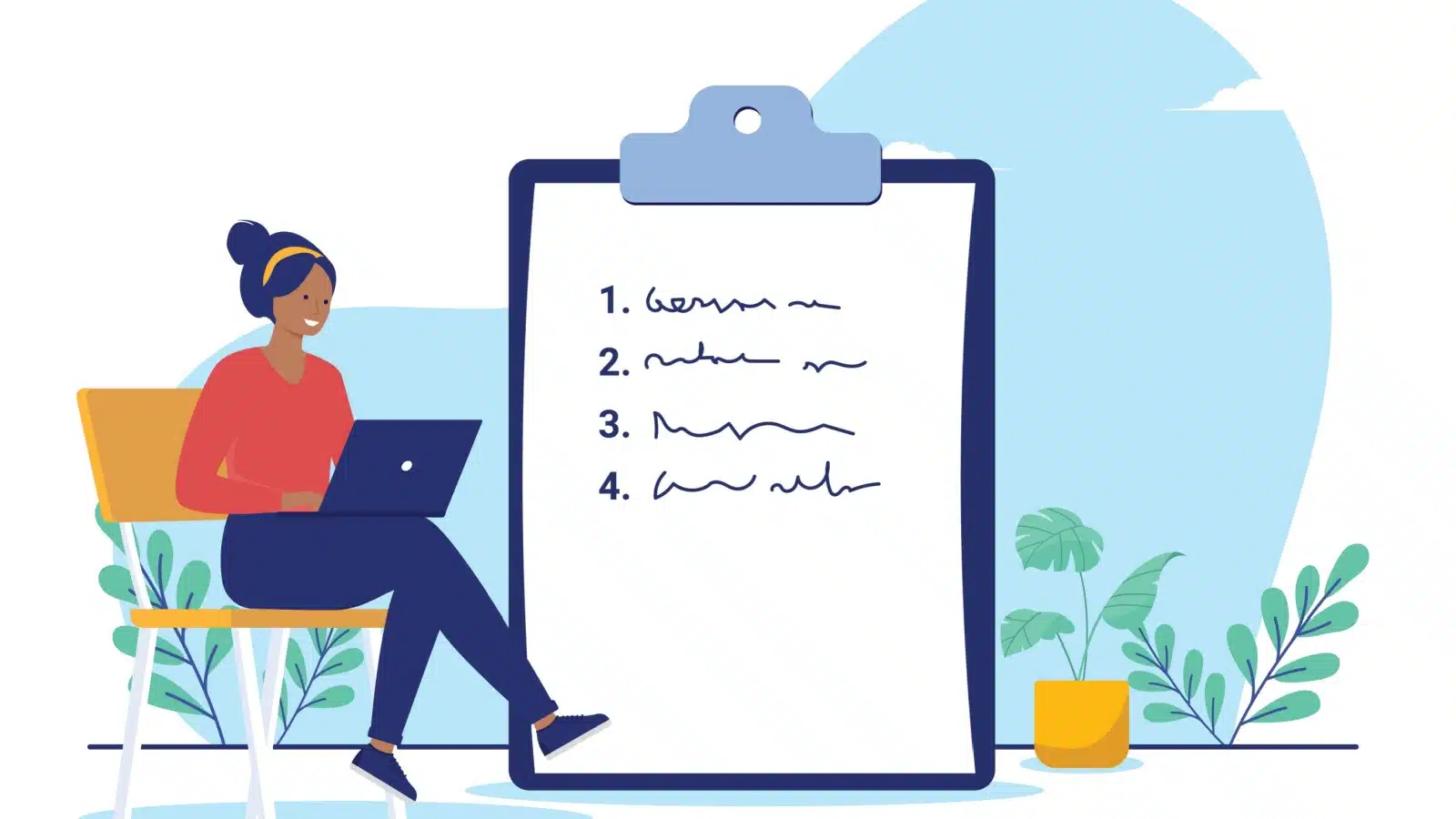 Cartoon image of a woman making a list with her laptop.