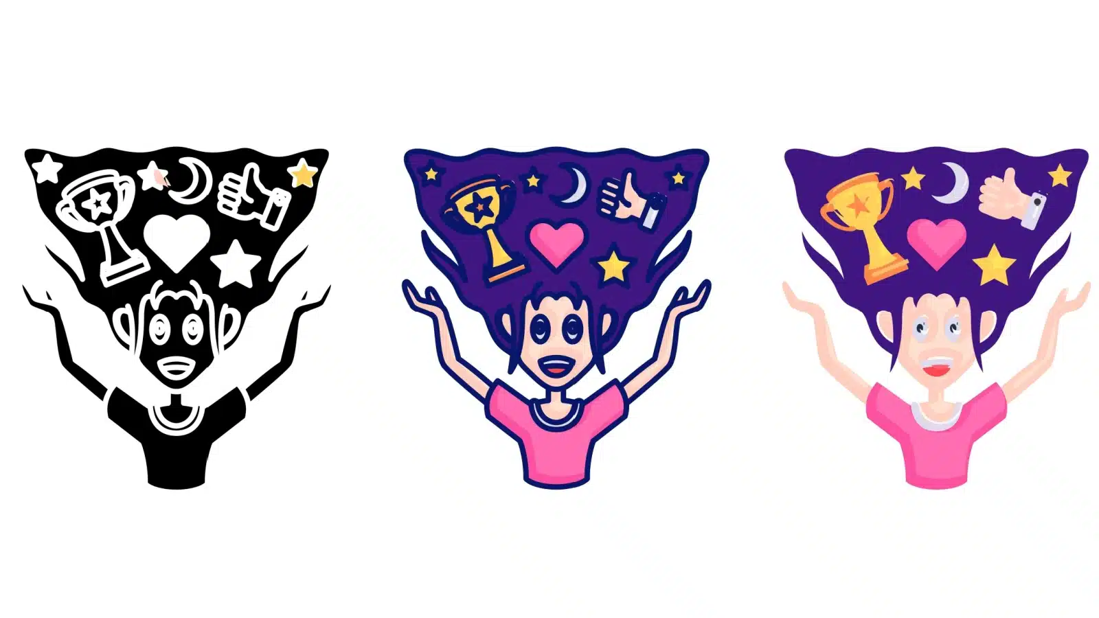 Three illustrations in different colors of a woman trying to manifest the dreams in her head.